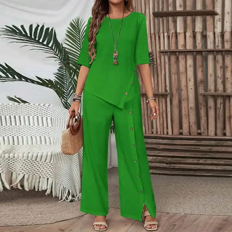 

Women Irregular Tops Pant Sets 2 Pieces Casual Half Sleeve Solid Loose Blouse&High Elastic Waist Wide Leg Full Trousers Suits