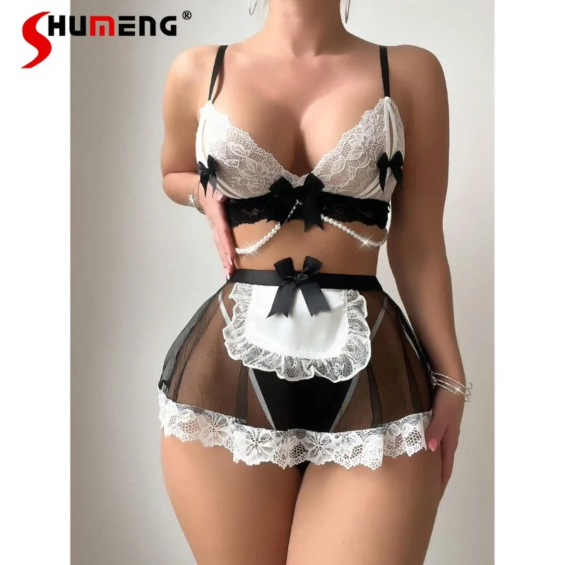 مثير الساحرة إغراء مجموعات موجز المرأة الدانتيل اللؤلؤ بروتيل وسراويل داخلية وتتسابق الإناث الرغبة النقية مثير مجموعة الملابس الداخلية #3