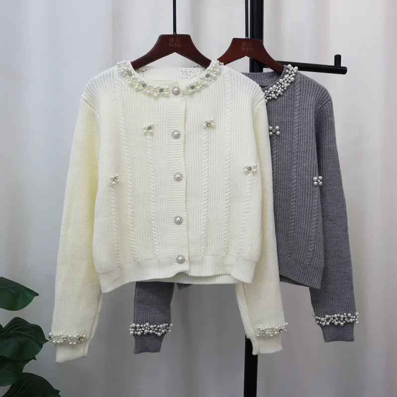 [EWQ] Sweet Casual Style Pearls Design Single Breasted Knitted Cardigan Sweater Beautiful Women Clothing 2024 Autumn New 16O1290