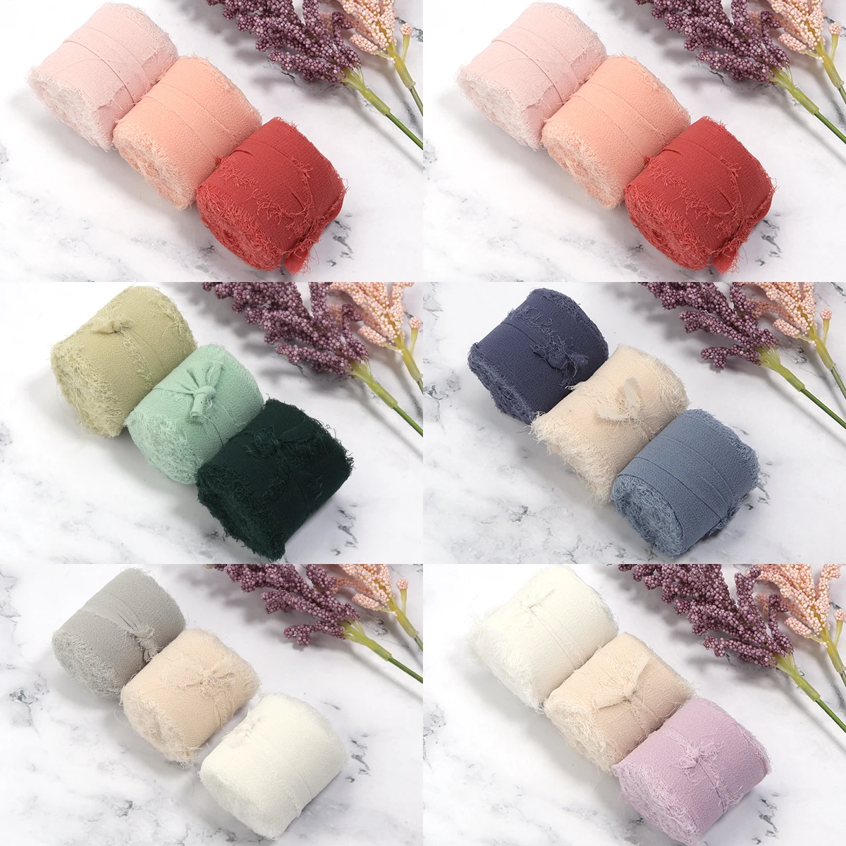 5 meters/roll  Handmade Frayed Edged Chiffon Ribbons 3 Color Set for Wedding Party Decorations Gifts Bouquet Crafts Packaging