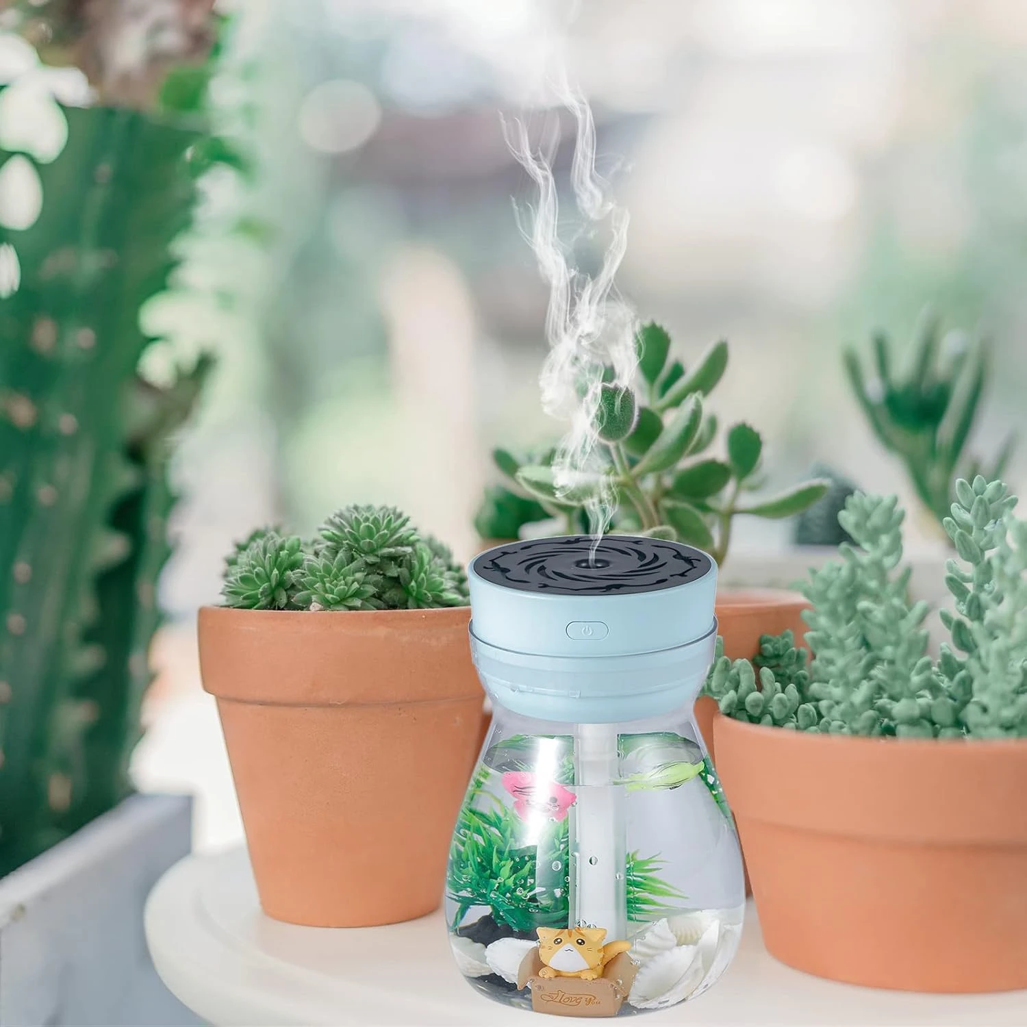 Mini umidificatore personale blu carino - Piccolo umidificatore domestico portatile a nebbia fredda con micro paesaggio per scrivania da ufficio e camera da letto per bambini