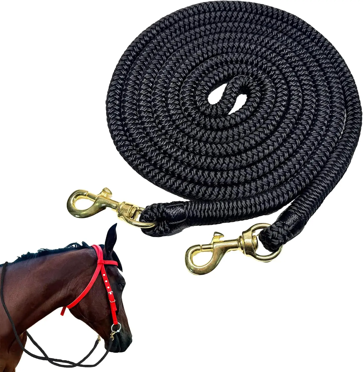 15 FT Horse Rein with Snaps Double Braided Nylon Roping Rein Round Trail Rope Rein for Horse Headstall Soft & Comfortable Grip