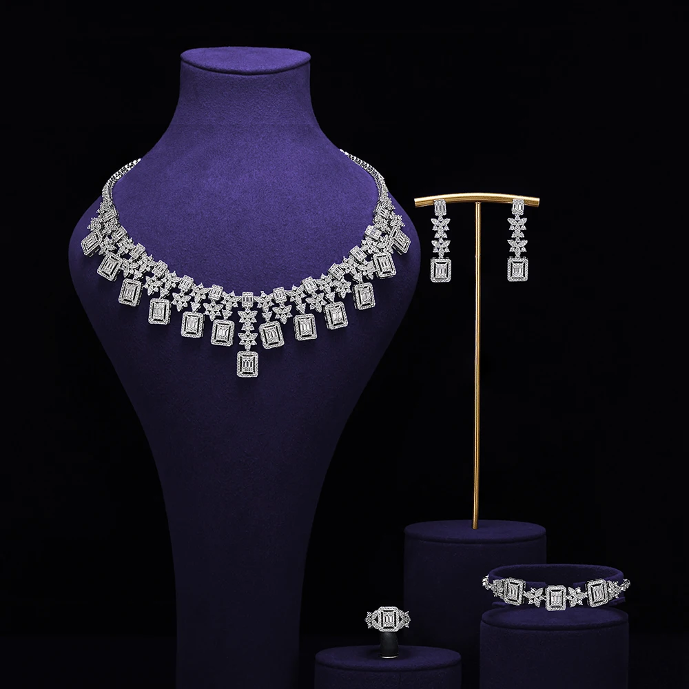 

HIBRIDE New Fashion sliver color Square Necklace Earrings Bracelet Set Women l Dress Decorative Jewelry Wedding Ball Gift S-1047