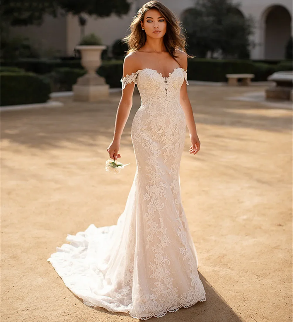 Charming Off Shoulder Mermaid Wedding Dress Sleeveless Sweetheart Strapless Backless With Lace Appliques Long Bridal Bride Gowns