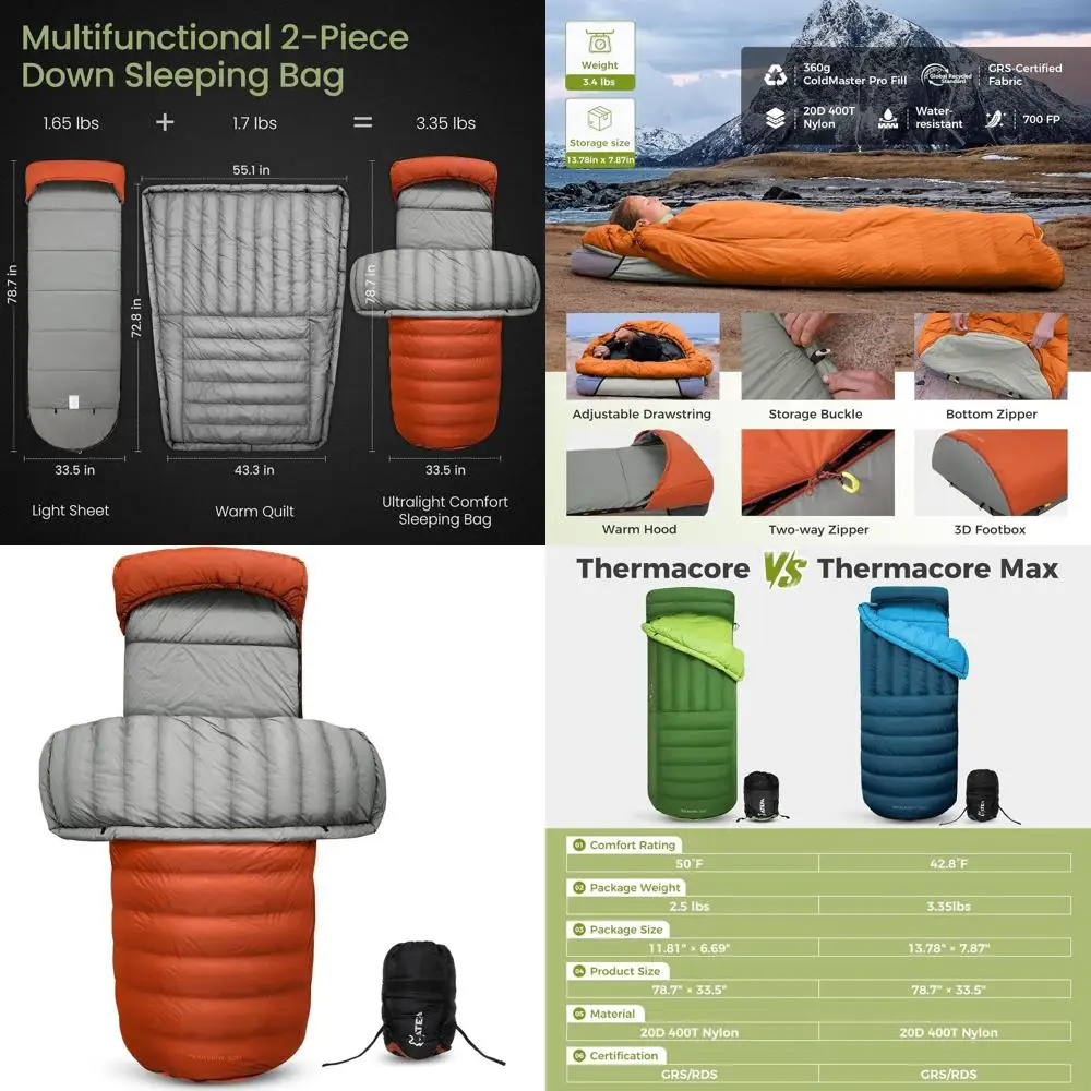 

Пуховый спальный мешок для взрослых, переработанный сверхлегкий 35 ° F40 ° F45 ° F50 ° F 650FP / 700FP 3-сезонные компактные спальные мешки с компрессией