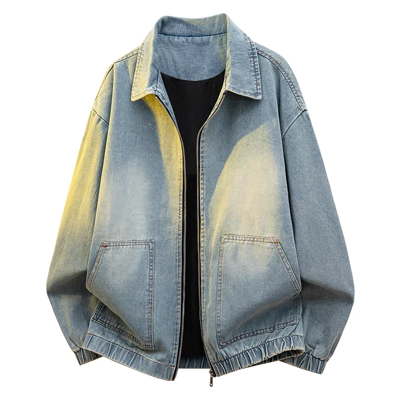 Men's Retro Denim Top Casual Lapel Jacket High-Quality Washed Loose Fit American High Street Style
