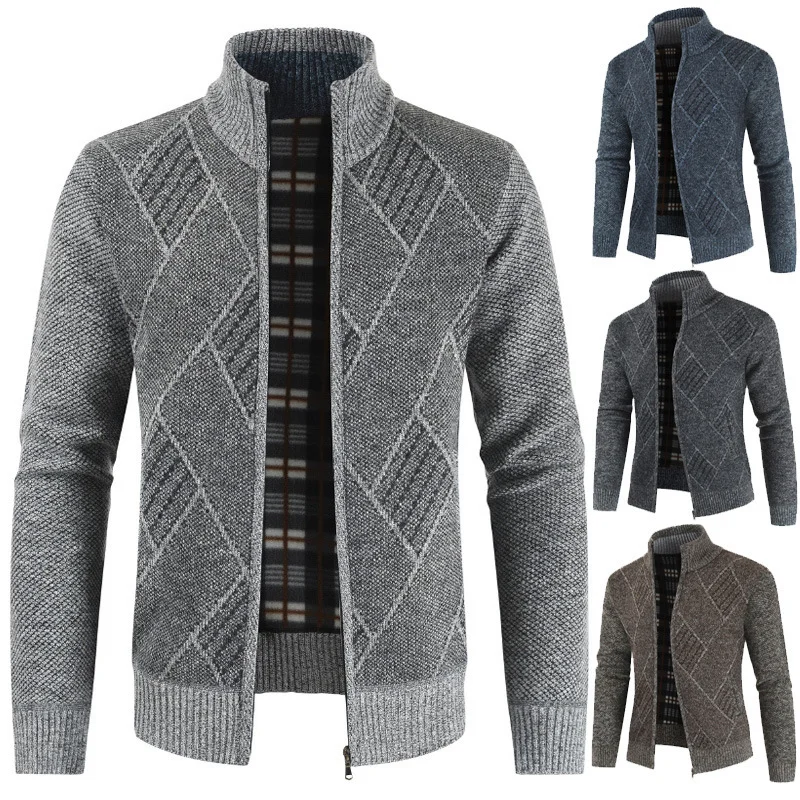 

Autumn Winter New Style Argyle Knit Cardigan Fashion Casual Versatile Stand Collar Long Sleeve Men's Sweater Coat