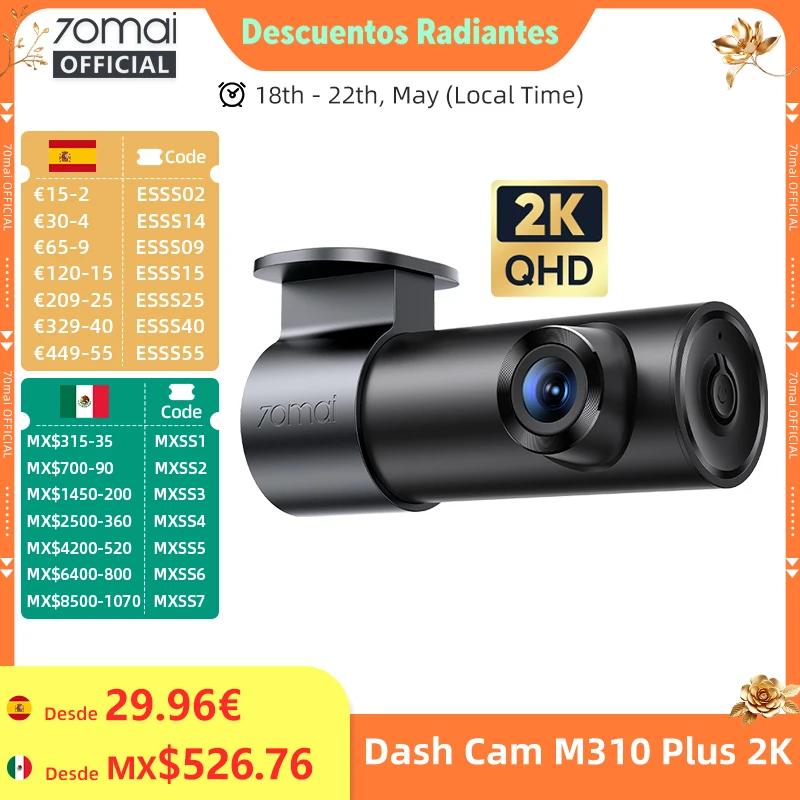 Cámara para Auto 70mai M310 Plus 2K 1440P 143 ° Cámara para Auto 70mai M310 Plus 2K con Visión Nocturna, Control por Voz Inteligente, Monitoreo de Estacionamiento 24H y FOV F1.55