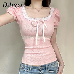 Darlingaga coreano rosa carino Coquette dolce estate t-shirt donna fiocco pizzo patchato sottile ritagliata Top ragazze Cutecore Tees abbigliamento