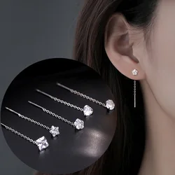Silver Color Elegant Chain Rhinestone Heart Flower Tassel Earrings for Women Fashion Straight Hanging Ear Jewelry Party Gift