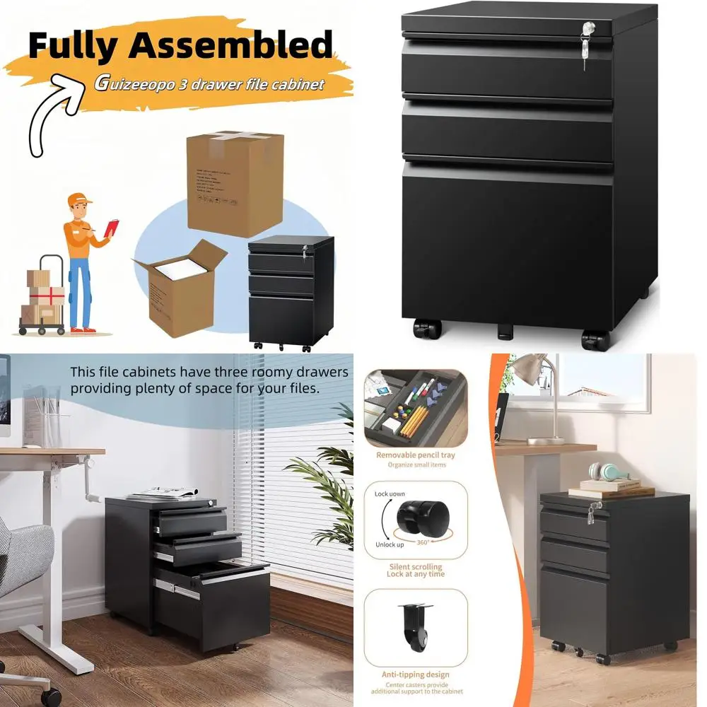 

Мобильный шкаф для документов с 3 ящиками и замком, матовый черный, для документов формата A4/Letter/Legal, для домашнего офиса