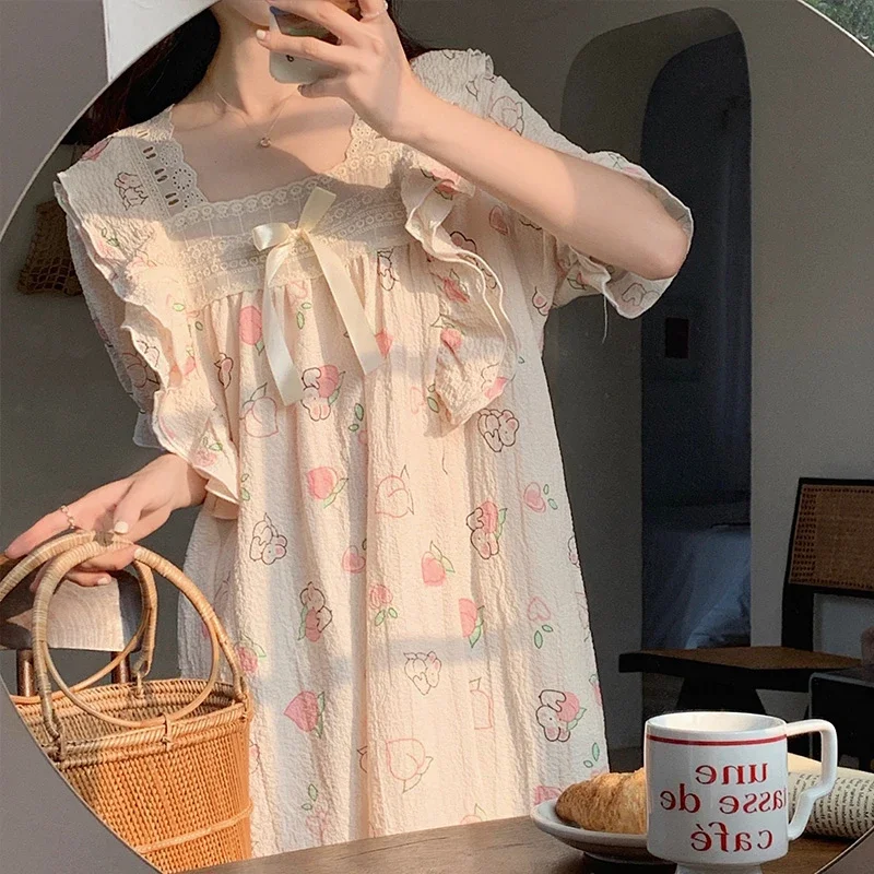 Nightdress Summer Women Cotton Short sleeve Loose Sweet and Cute Princess Sle Pajamas Summer  Dress Women Homewear