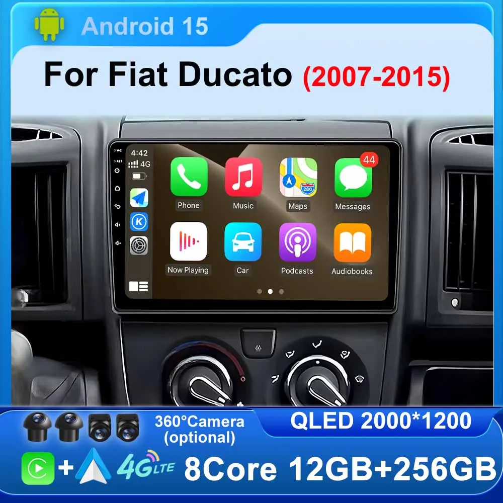 Android 15 Qualcomm for Fiat Ducato 2007 - 2015 Wireless CarPlay Auto Car Radio Multimedia GPS QLED WiFi BT 4G 8Core Stereo