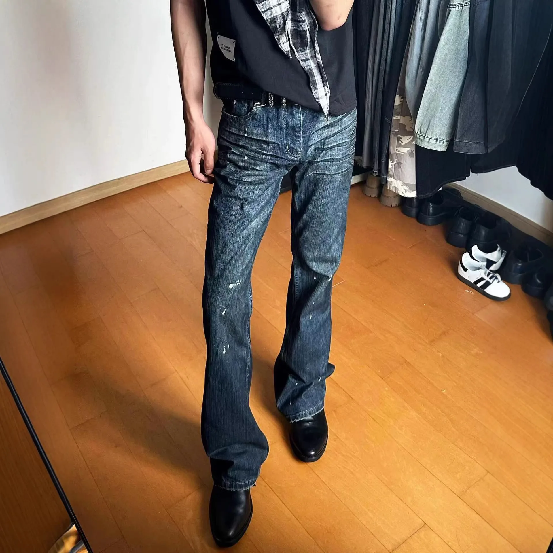 2026 New Cleanfit Style Heavy-duty Washed Cat Whiskers Slim-fitting Trousers Splashed with Ink and Embellished Jeans for Men