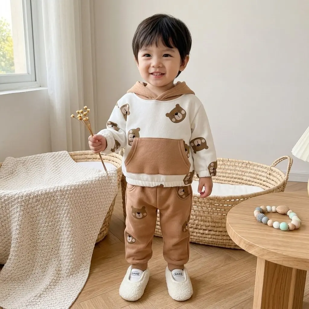 Unisex Baby Bear Print Color Block Hoodie 2Pcs Outfit Toddler Hooded Sweatshirt & Solid Pants Casual Set