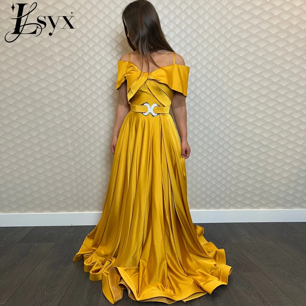 

LSYX Off The Shoulder Spaghetti Straps Belt Satin Elegant Evening Dresse Backless A-Line Formal Party Gowns Robe Femme Soirée