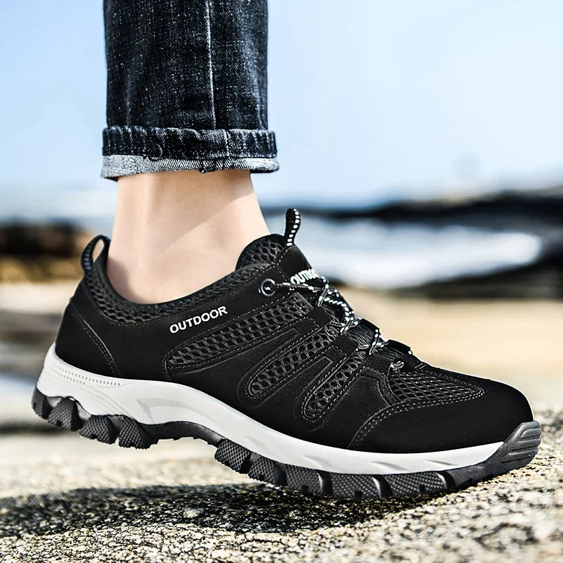 Artı Size48 açık gri yürüyüş ayakkabıları yaz adam örgü nefes erkekler spor ayakkabılar açık koşu Trekking Sneakers dağ ayakkabı