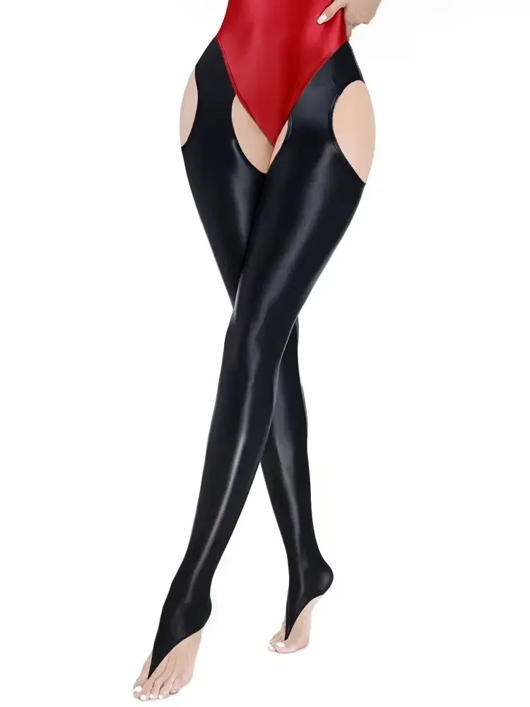 Plus Size Women Hollow Out Pants Glossy Shiny Gym Fitness Pants Crotchless Tights Legging Elastic Trousers Open Crotch Capris