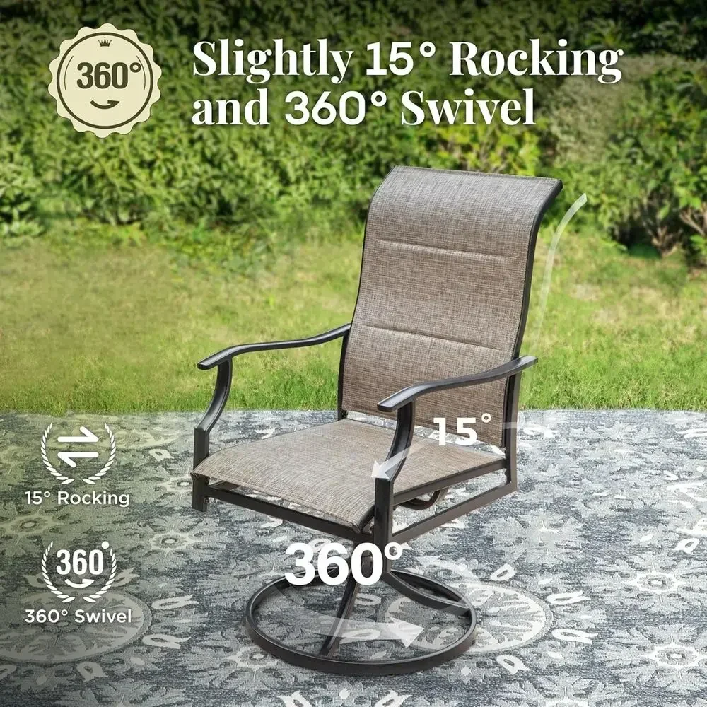 5-Piece Outdoor Dining Set: 42 Round Black Table with 4 Swivel Rocking Chairs, Grayish Brown