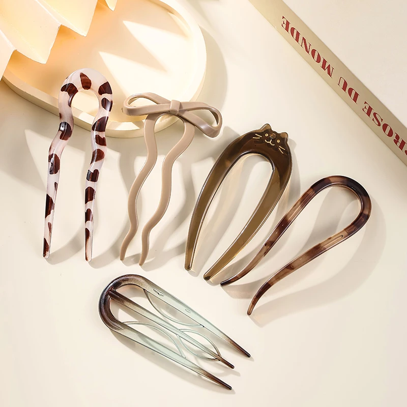 U-Shaped Hair Fork Fashion Tortoiseshell Acetate Acrylic Hairpin Geometric Headwear Hair Sticks Women Girls Hair Accessories 썸네일 8