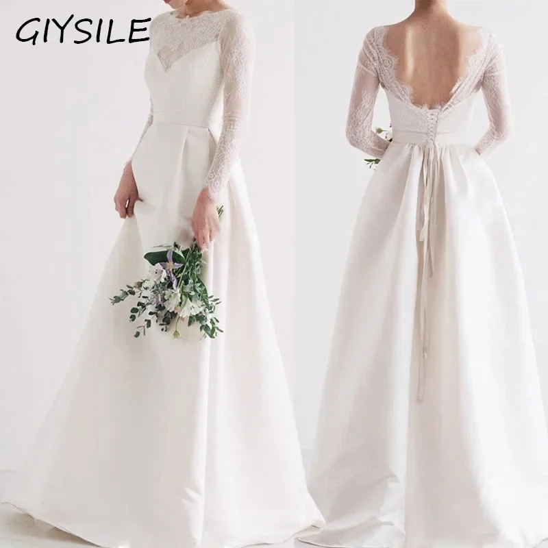 GIYSILE Satin Light Wedding Dress Elegant Hepburn Style Simple New Bride Long Sleeve Lace Vintage White Luxury Wedding Dress