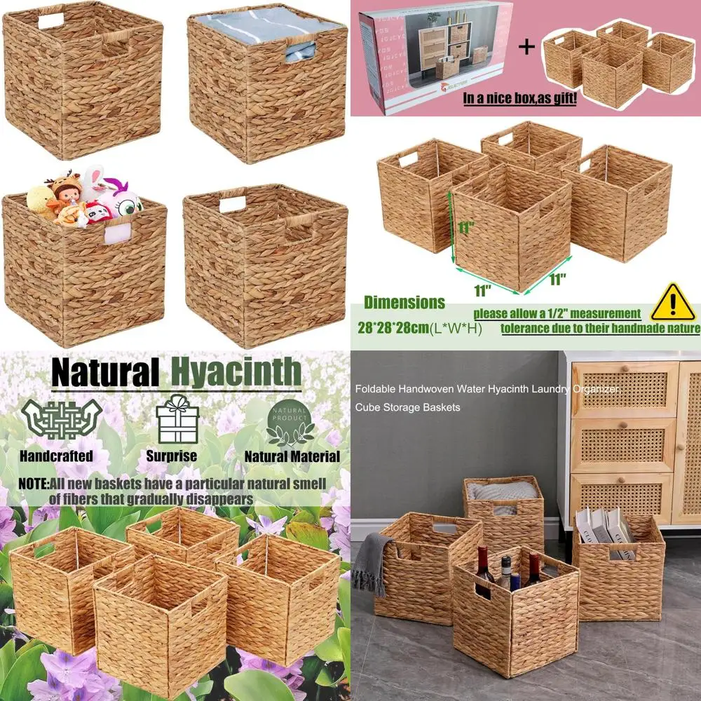 

Storage Baskets 11x11inch Cube Baskets 4 pcs Baskets,Foldable Handwoven Water Hyacinth Laundry Organizer,Cube Storage Baskets