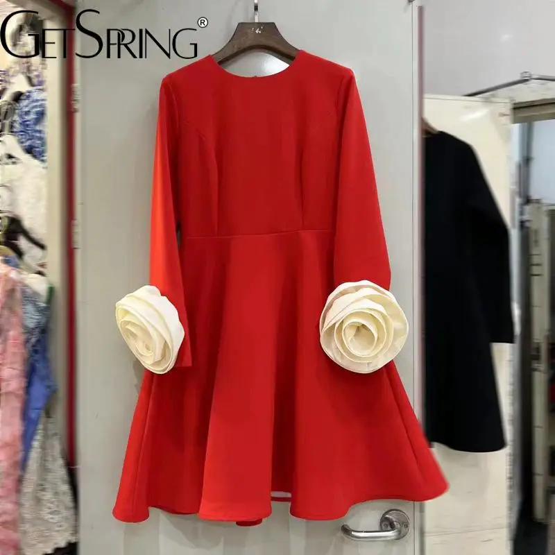 GetSpring Women Dress 2024 Autumn Temperament Elegant Color Matching Three Dimensional Flowers Long Sleeve Black Red Dresses New