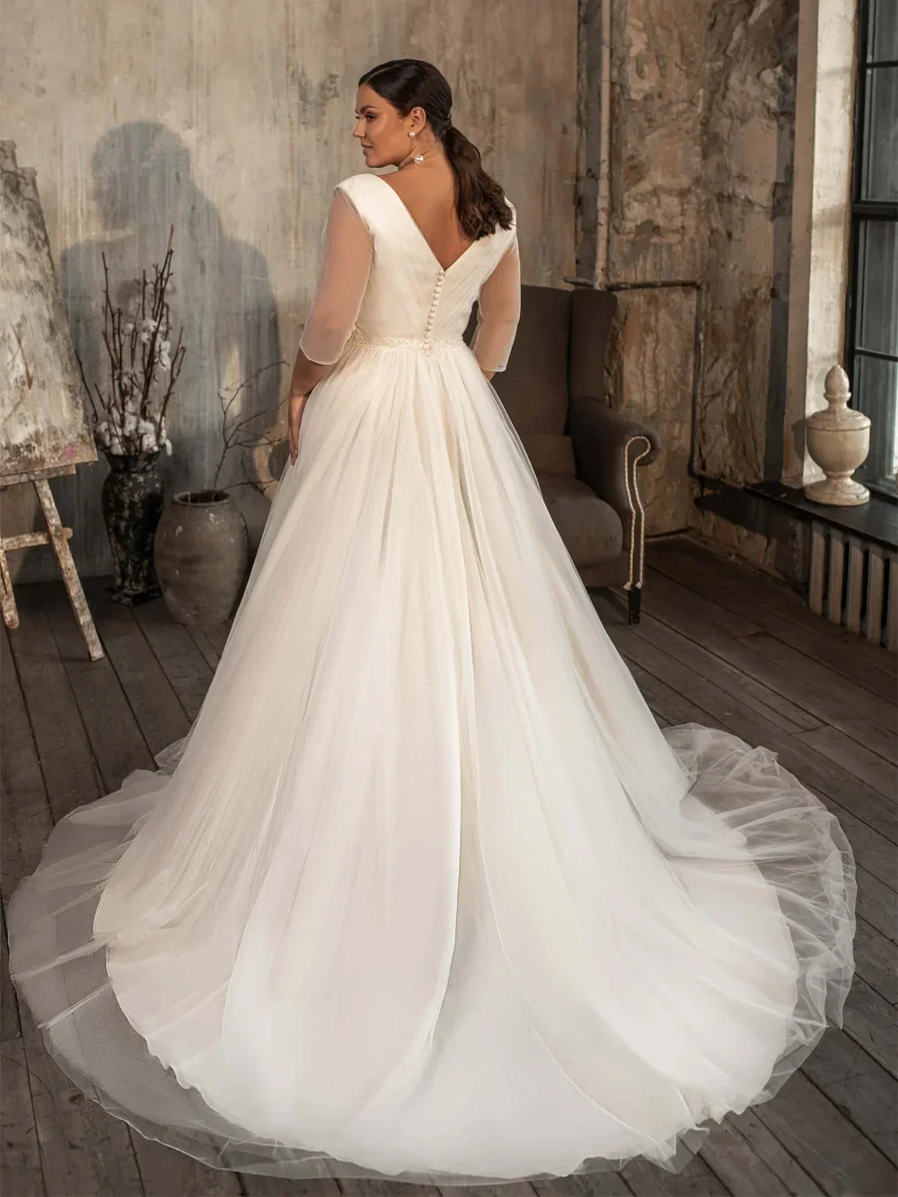 Plus Size V Neck Illusion Half Sleeve Wedding Dress Pleated Surplice Bodice Flowing Tulle A Line Skirt with Cathedral Train