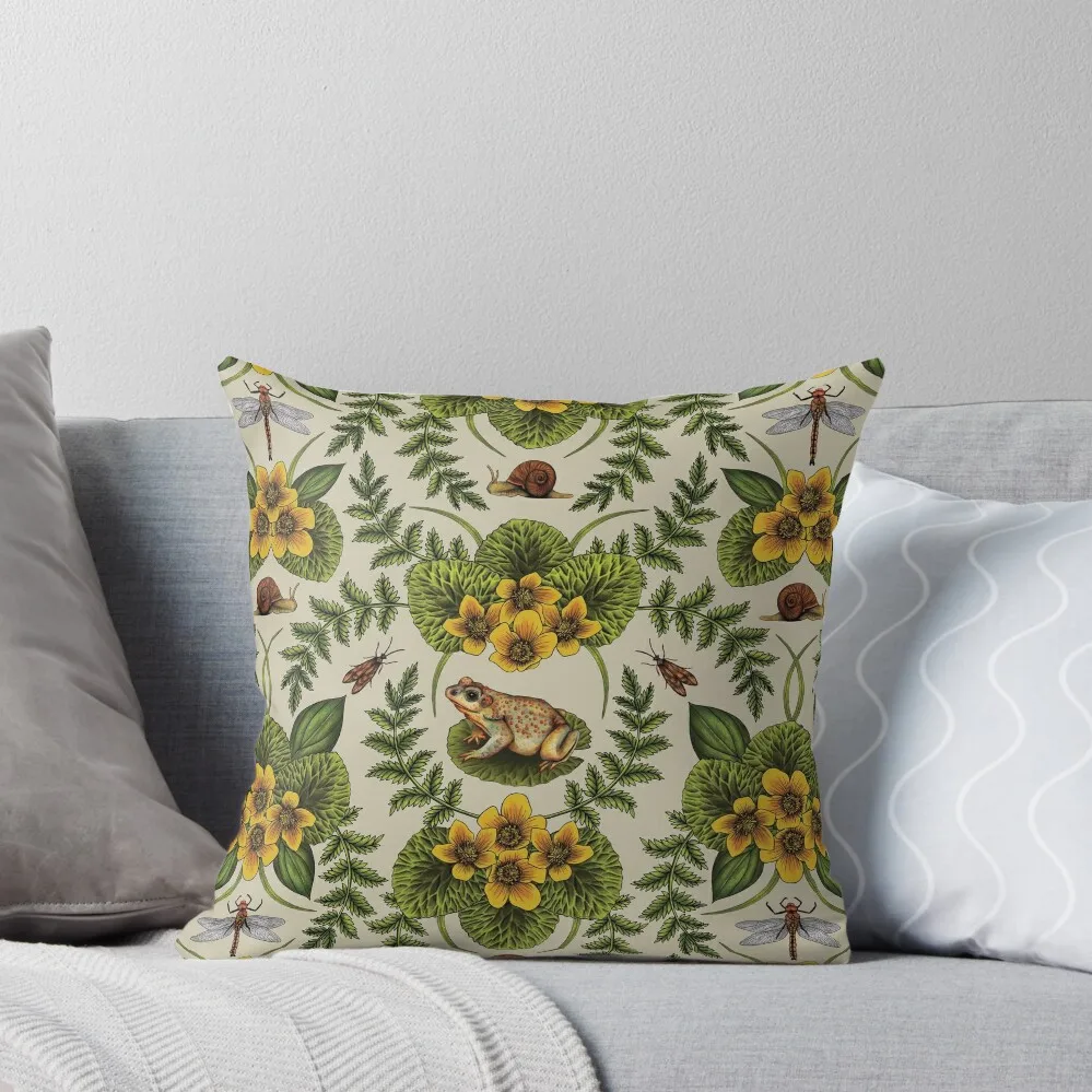 Wetlands Creatures - Toads, Snails, Dragonflies & Marsh Marigolds Throw Pillow Christmas Pillow Cases anime girl pillow