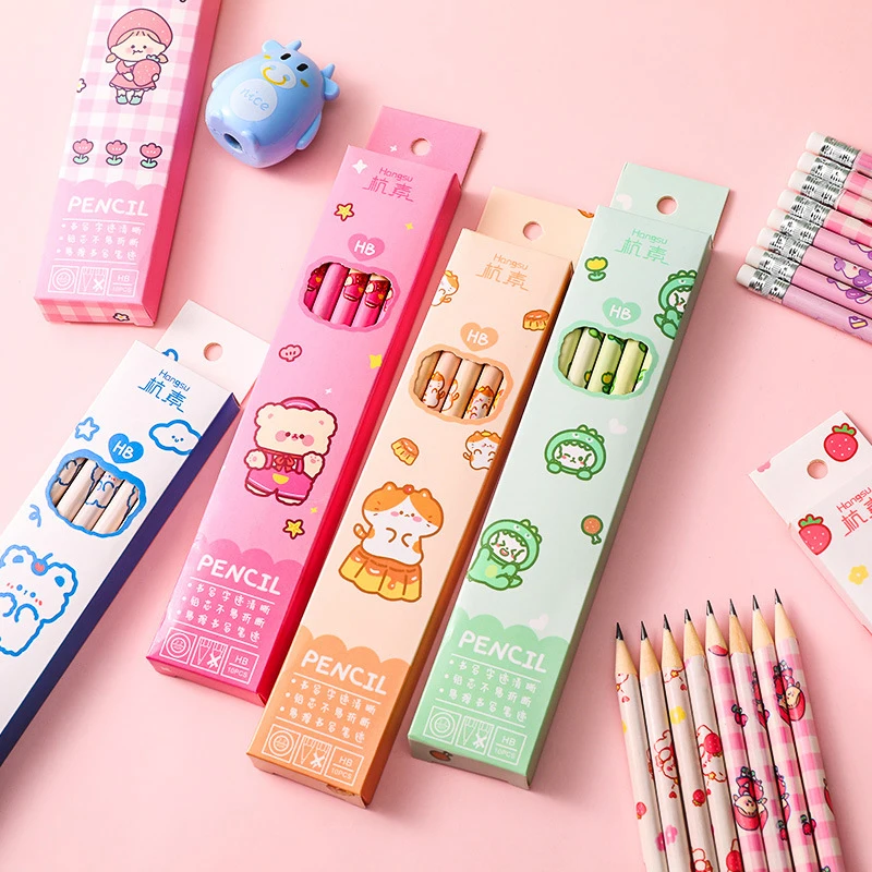 10PCS Graphite Pencil Korean Style Kawaii Pencil With Eraser Student Stationery For Children School Writing Drawing Art Supplies