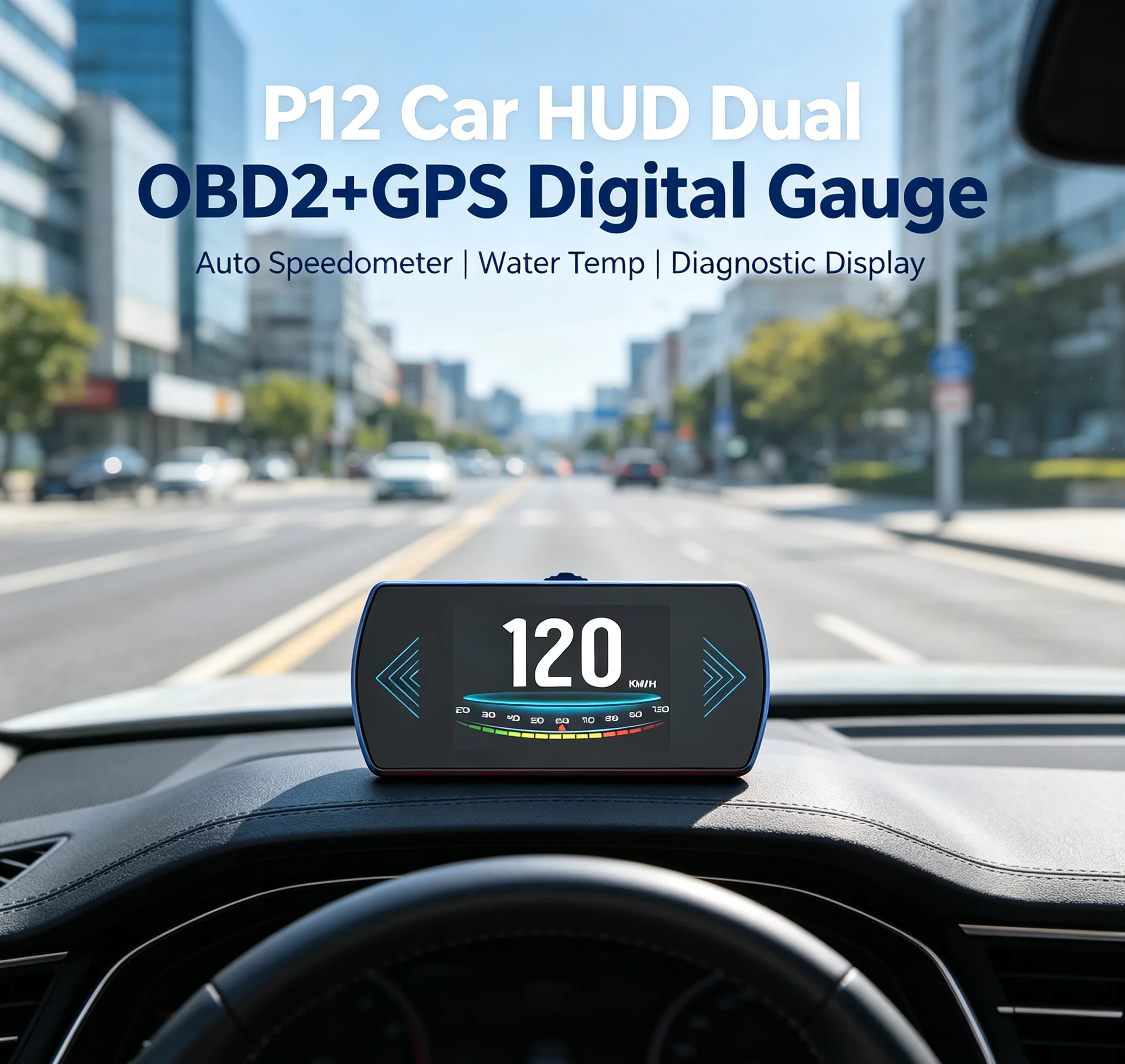 Multi-language P12 Dual OBD2+GPS LCD Car HUD Digital Gauge with Water Temp Auto Speedometer Vehicle Diagnostic Head-Up Display