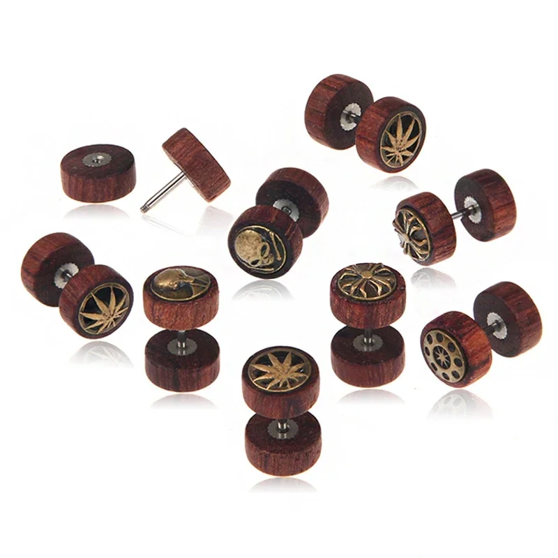 SOHOT Rock Trendy Log Black Red Wood Round Lion Tree Dumbbell Style Stud Earrings Unisex Piercing Jewelry Party Drop Shipping