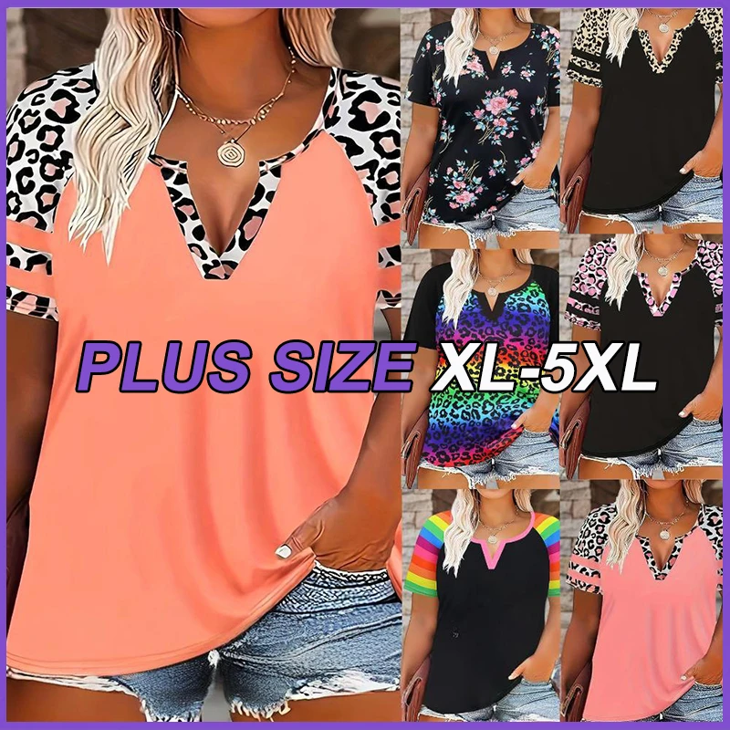 

Plus Size T-Shirts Women's Casual Loose Fit Leopard Floral Print Short Sleeve Tees Oversized Summer Tops Breathable Clothing