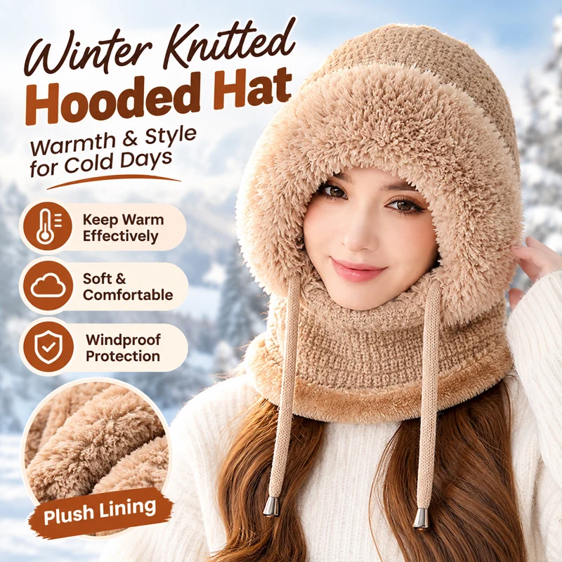 Women Winter Knitted Balaclava Hat With Face Cover And Neck Warmer All In One Fleece Lined Riding Beanie For Cycling Sports