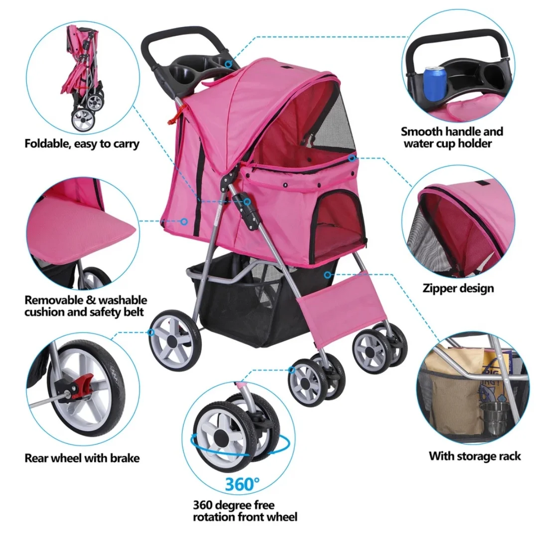 Dog Stroller 4-Wheels w/Storage Basket & Cup Holder Foldable Cat Pet Stroller - view 5