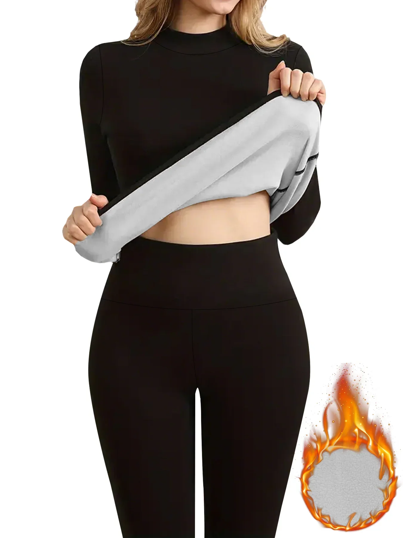 أطقم ملابس داخلية دافئة فائقة النعومة برقبة عالية مع أطقم تدريب مبطنة بالصوف السميك أطقم بيجامات شتوية للطقس البارد #2