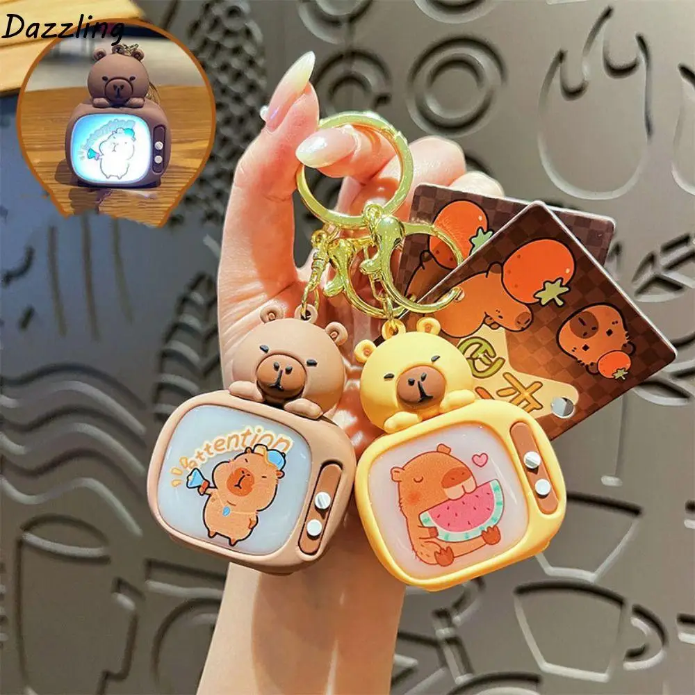 TV Style Capybara Luminous Keychain Attension Watermelon Capybara Light Keyring Tea Cup Shower Cartoon Cute Animal Keychain