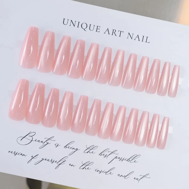 24 Pcs Cat Eye Winter Press on Nails for Gluing Long Korea False Nail for Girls Cheap Coffin Stick-on Fake Nails Set with Glue