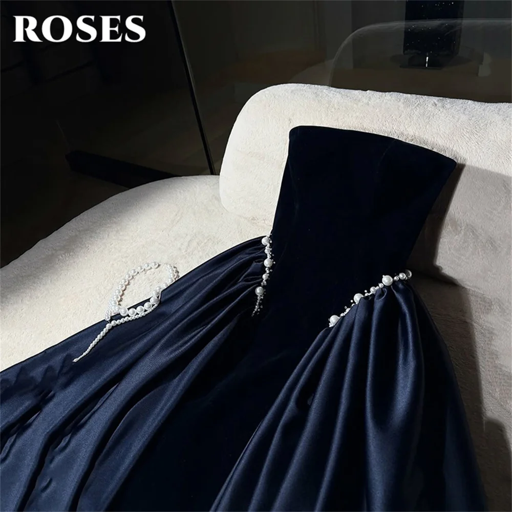 ROSES Navy Blue Party Dress Sophisticated Strapless Velvet A-Line Evening Dress with Pearl Embellishments فستان سهرة Customized