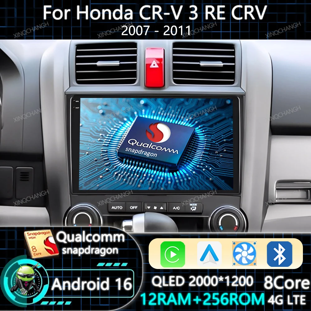 Android 16 Car Radio For Honda CR-V 3 RE CRV 2007 - 2011 QLED Multimedia Stereo Video Player Head Unit BT 2DIN Carplay Auto GPS