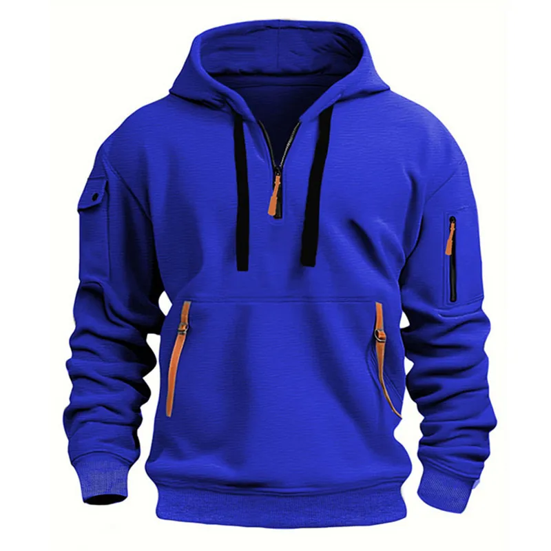 Herrenmode-Trend: Lässiger Sport-Hoodie mit mehreren Taschen und Reißverschluss, lockerer Pullover-Sweatshirt, langärmeliges Oberteil – Detail 9