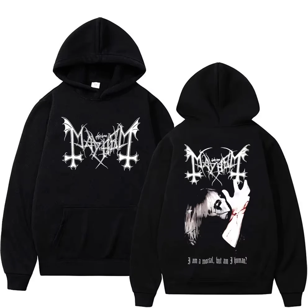 Black Metal Mayhem Print Hoodie Men Women Vintage Casual Hooded Tracksuit Male Fashion Gothic Rock Oversized Streetwear -