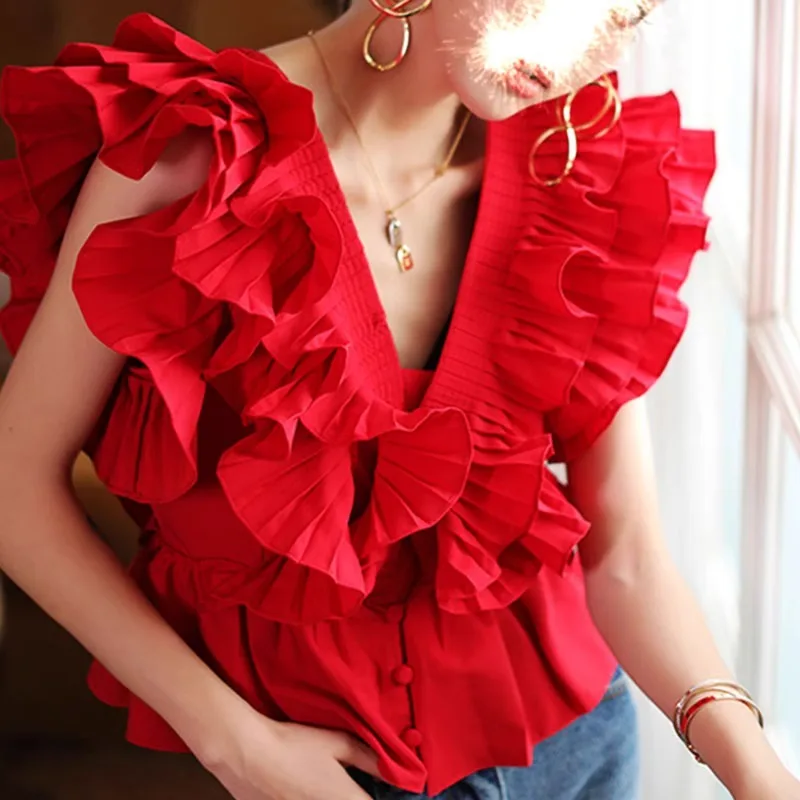 Neploe Vintage Ruched Slim Waist Blouses 2024 Summer New Sleeveless Shirts Women Y2k E-Girl V-neck Ruffles Blusas Mujer