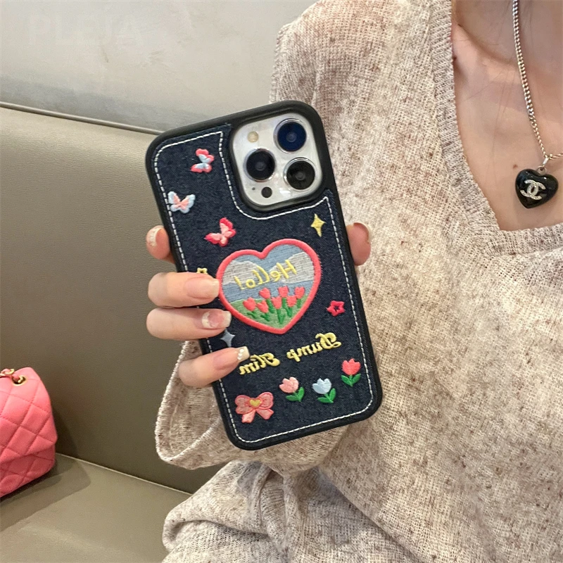 

Cute Denim Fabric Embroidery Flower Phone Case For iPhone 14 13 12 11 Pro Max X XR XS Max Silicone Cover 14pro Protector Funda