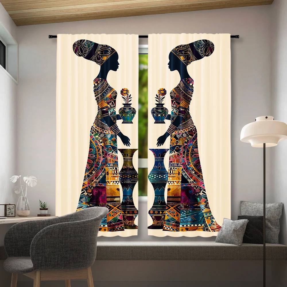 Tribal Mosaic African Lady Curtain 2 Panels Ornate Geometric Vase Floral Cream Backdrop Inn Room Curtain Exotic Art Bedroom Home