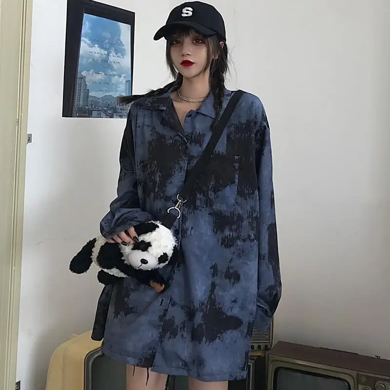 Ins Harajuku street bf Style Vintage Blouse Female Graffiti Long-Sleeved Loose Shirt Coat Women's Casual Shirts