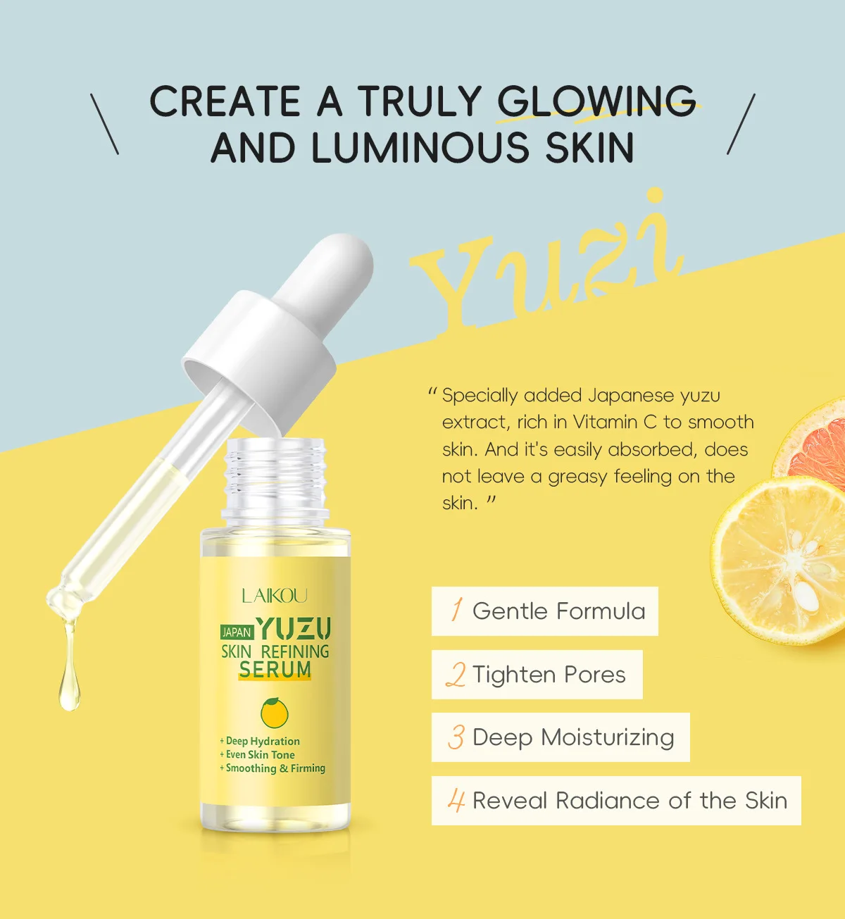 LAIKOU Grapefruit Essence  YUZU Facial Liquid Essence Refreshing Moisturizing and Smoothing Skin 17ml ﻿