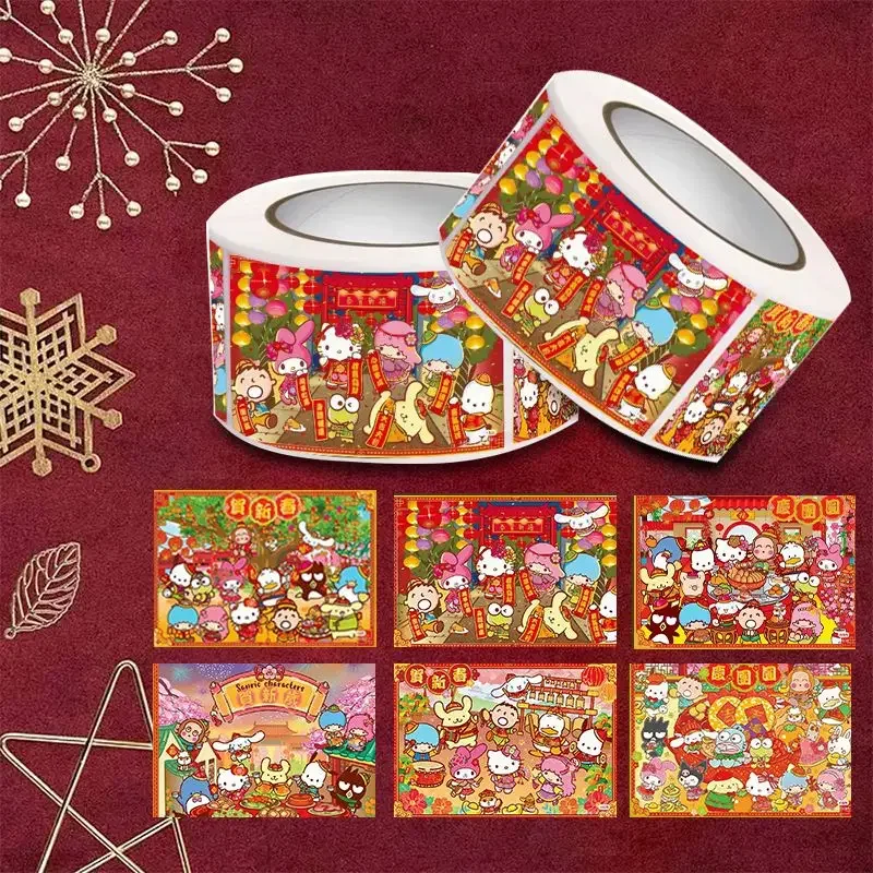 

200 Sheets/Roll New Year Stickers Kawaii Sanrio Hello Kitty Cinnamoroll Blessings Hand Account Seal Stickers Decoration Sticker