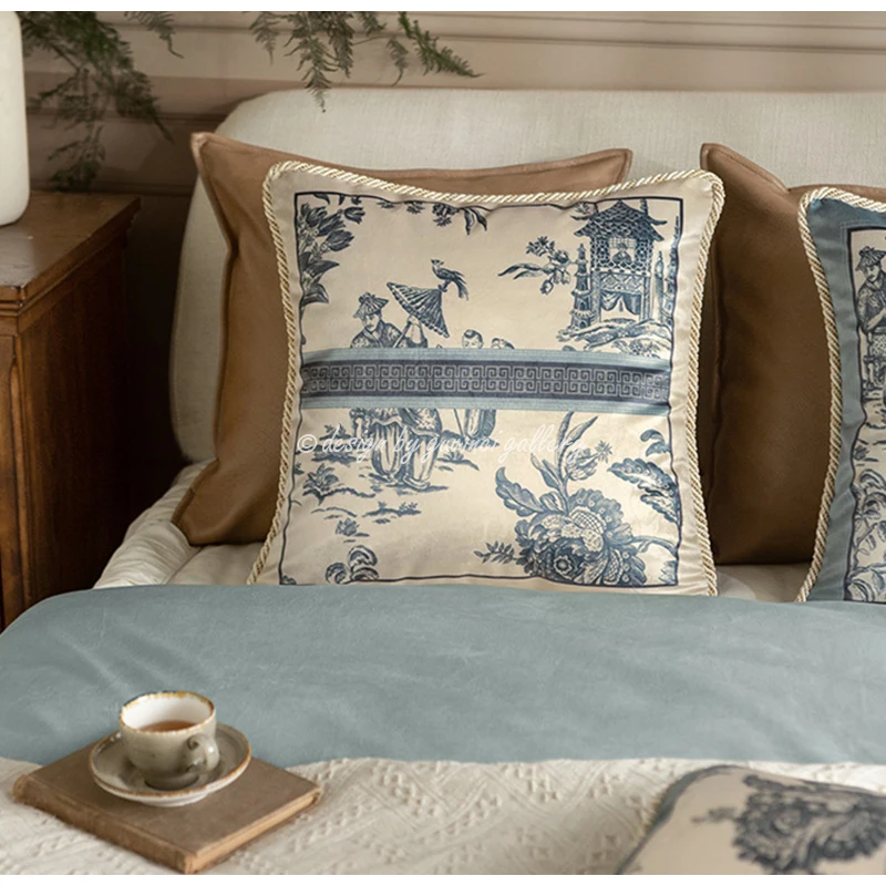 GUVINCI GALLERY Oriental Charm Lumbar Pillow Covers Super Soft Velvet Toile De Jouy Delft Blue Decorative Cushion Case 30x50cm