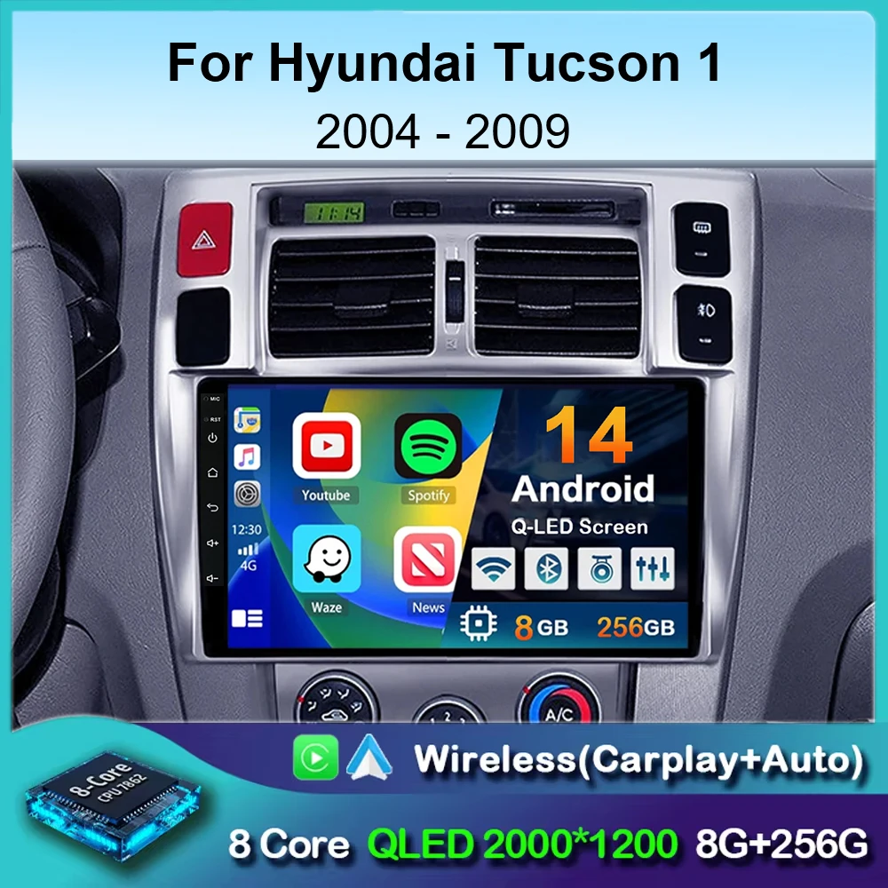 Reproductor Multimedia con Android 14 y navegación GPS para Hyundai, autorradio estéreo 2DIN con Carplay, DVD, para Hyundai Tucson 2004, 2005, 2006, 2007, 2008, 2009